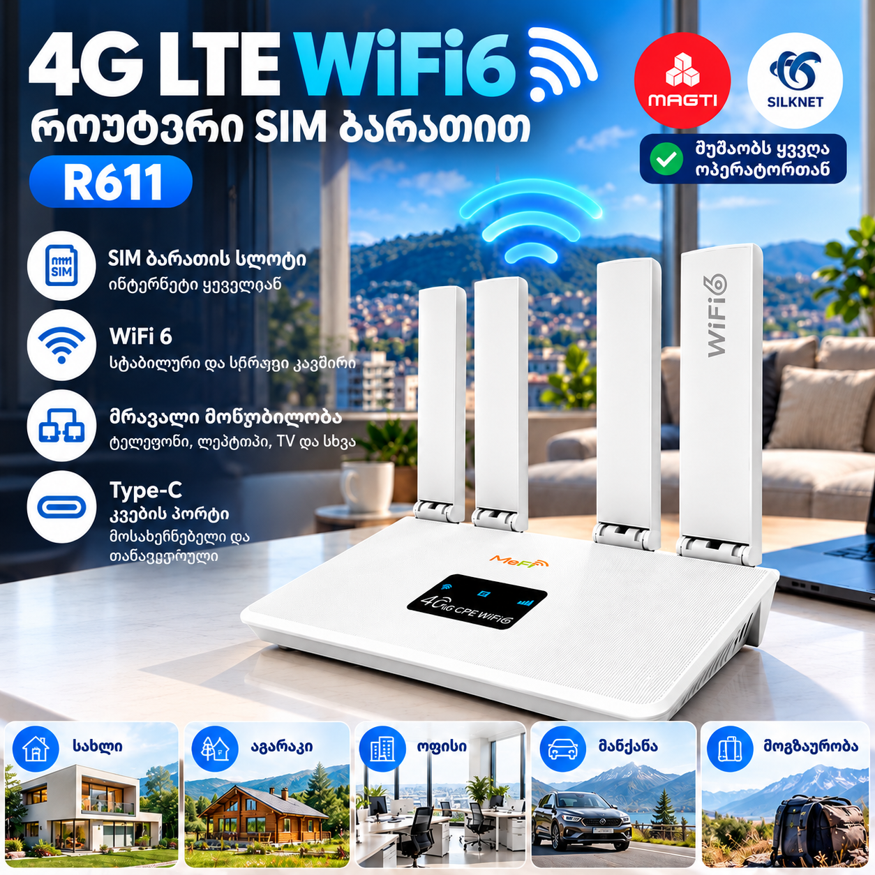 R611 4G WiFi6 როუტერი SIM ბარათით – LTE CPE, Type-C, პორტატული WiFi Hotspot